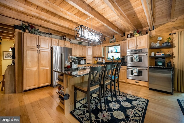 532 Pine Grove Rd, Lonaconing, MD 21539 - kitchen featuring stainless steel appliances, light wood finished floors, wood ceiling with exposed beams, light brown cabinetry, and a center island