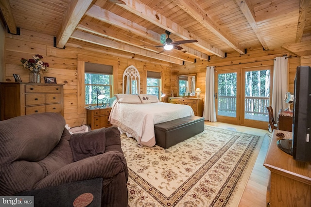 532 Pine Grove Rd, Lonaconing, MD 21539 - bedroom featuring wooden walls, access to outside, wood ceiling with exposed beams, and light wood finished floors