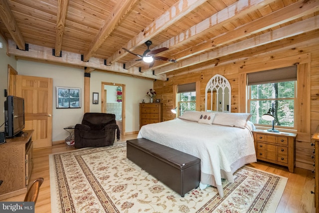 532 Pine Grove Rd, Lonaconing, MD 21539 - bedroom featuring light wood-style flooring, wood ceiling with exposed beams, and wooden walls