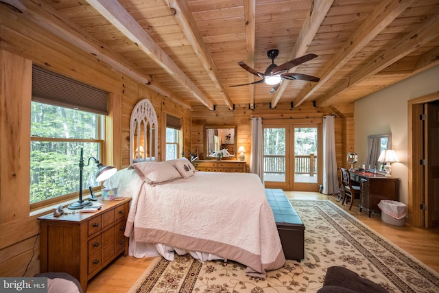 532 Pine Grove Rd, Lonaconing, MD 21539 - bedroom featuring multiple windows, access to exterior, wooden ceiling with exposed beams, light wood-style flooring, and wooden walls
