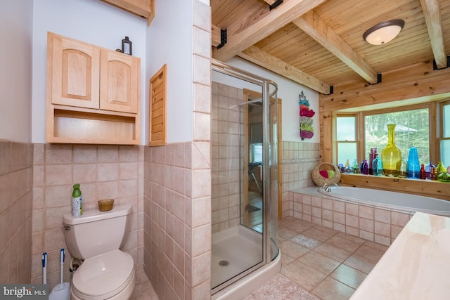 532 Pine Grove Rd, Lonaconing, MD 21539 - full bath with tile patterned floors, wood ceiling with exposed beams, tile walls, a stall shower, and toilet