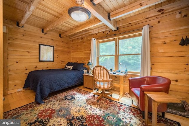 532 Pine Grove Rd, Lonaconing, MD 21539 - bedroom featuring wooden ceiling with exposed beams, wood finished floors, and wood walls
