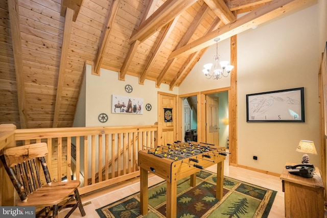 532 Pine Grove Rd, Lonaconing, MD 21539 - rec room featuring wooden ceiling with exposed beams, wood finished floors, a chandelier, and high vaulted ceiling