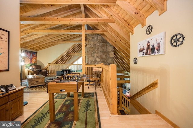 532 Pine Grove Rd, Lonaconing, MD 21539 - game room with wooden ceiling with exposed beams, wood finished floors, and high vaulted ceiling