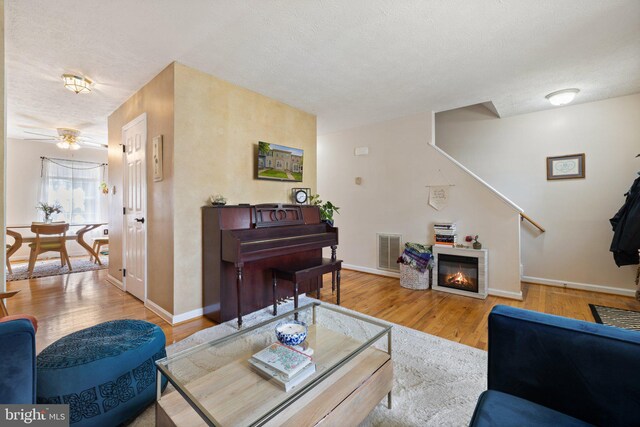 104 Braeburn Dr, Winchester, VA 22601 - living room with wood finished floors, baseboards, a textured ceiling, ceiling fan, and a glass covered fireplace