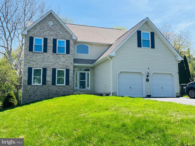 461 Haystack Dr, Newark, DE 19711 - traditional-style home featuring a front lawn, asphalt driveway, brick siding, a shingled roof, and an attached garage