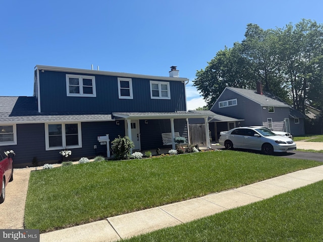 view of front of property with a front yard, a chimney, and a porch