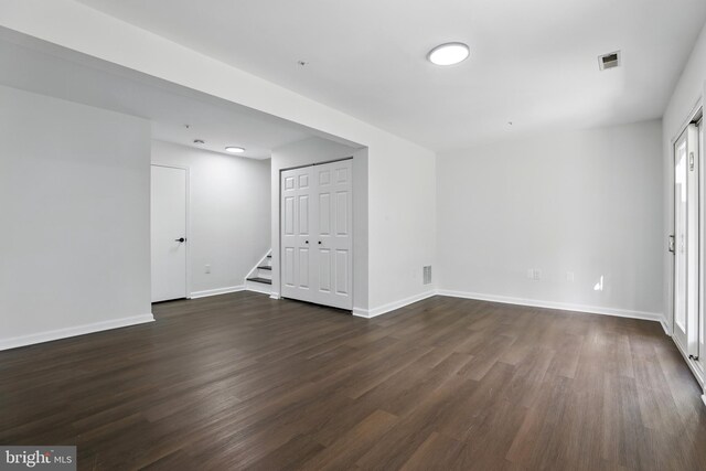 6019 Surrey Square Ln, District Heights, MD 20747 - spare room featuring dark wood-style flooring, stairway, and baseboards
