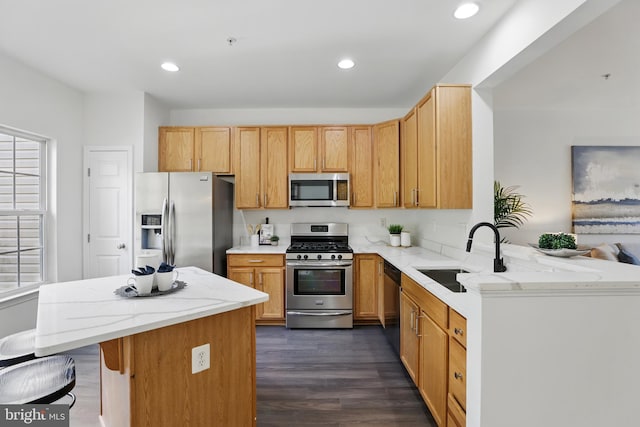 kitchen with appliances with stainless steel finishes, a sink, healthy amount of natural light, dark wood-type flooring, and recessed lighting