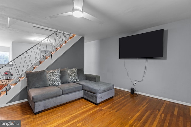 3583 Nottingham Ln, Philadelphia, PA 19114 - living area featuring baseboards, wood finished floors, stairway, and a ceiling fan
