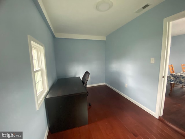 office area with baseboards and wood finished floors
