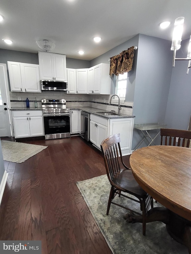 1211 Williamsville Rd, Houston, DE 19954 - kitchen featuring stainless steel appliances, a sink, dark wood-style flooring, tasteful backsplash, and recessed lighting