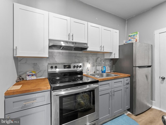 4951 W Thompson St, Philadelphia, PA 19131 - kitchen featuring appliances with stainless steel finishes, under cabinet range hood, a sink, gray cabinetry, and butcher block counters