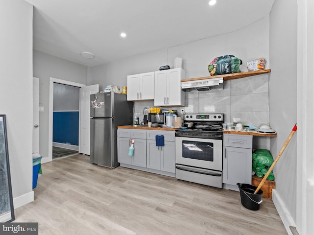 4951 W Thompson St, Philadelphia, PA 19131 - kitchen with stainless steel appliances, wood counters, under cabinet range hood, light wood-type flooring, and recessed lighting