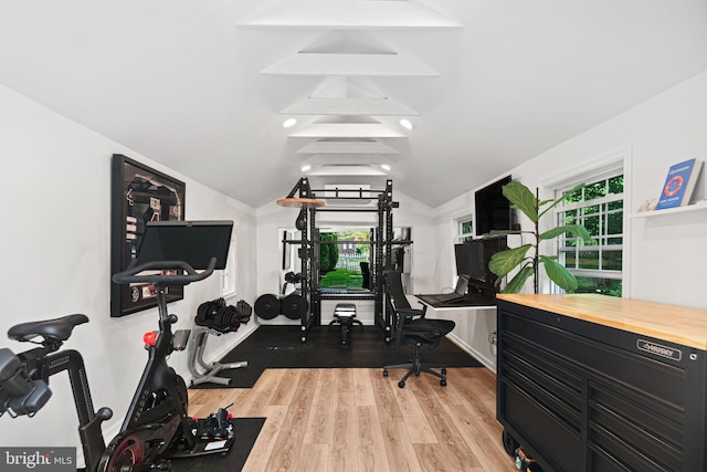 328 Avondale Ave, Haddonfield, NJ 08033 - exercise area featuring vaulted ceiling, light wood-style flooring, and baseboards