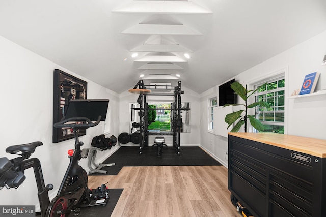 328 Avondale Ave, Haddonfield, NJ 08033 - exercise room featuring wood finished floors, vaulted ceiling, and baseboards