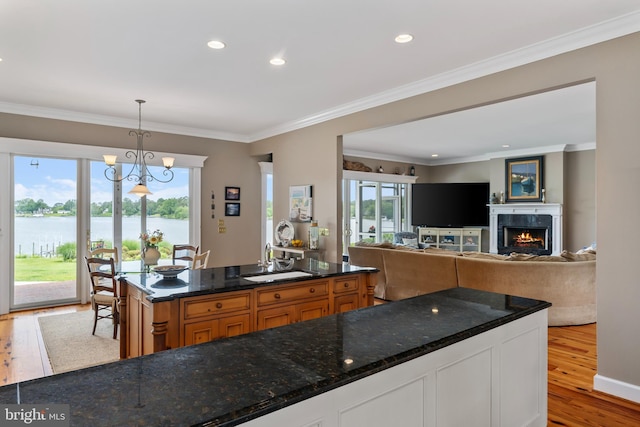 125 Oyster Pt, White Stone, VA 22578 - kitchen featuring a sink, light wood-type flooring, healthy amount of natural light, a fireplace, and ornamental molding