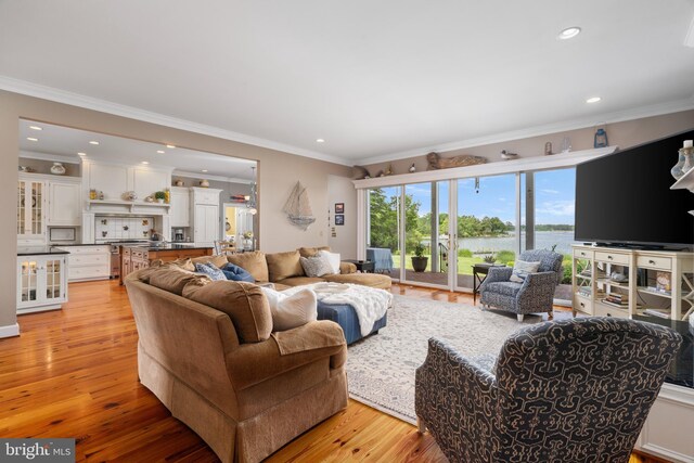 125 Oyster Pt, White Stone, VA 22578 - living room with light wood-style floors, ornamental molding, and recessed lighting