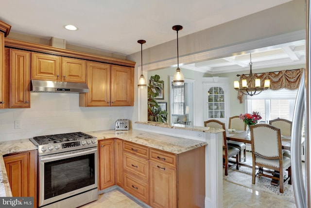 166 Grayson Ave, Hamilton, NJ 08619 - kitchen with stainless steel gas range oven, under cabinet range hood, light stone countertops, a chandelier, and beam ceiling