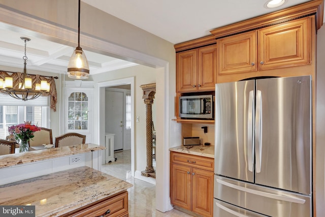 166 Grayson Ave, Hamilton, NJ 08619 - kitchen featuring appliances with stainless steel finishes, light stone counters, a chandelier, decorative light fixtures, and brown cabinets