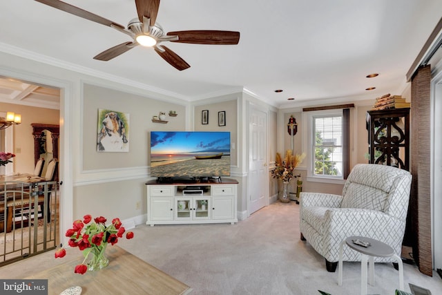 166 Grayson Ave, Hamilton, NJ 08619 - living area featuring crown molding, baseboards, light carpet, a ceiling fan, and a chandelier