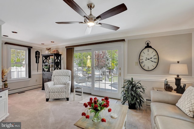 166 Grayson Ave, Hamilton, NJ 08619 - living room with ornamental molding, light colored carpet, a baseboard heating unit, and a ceiling fan