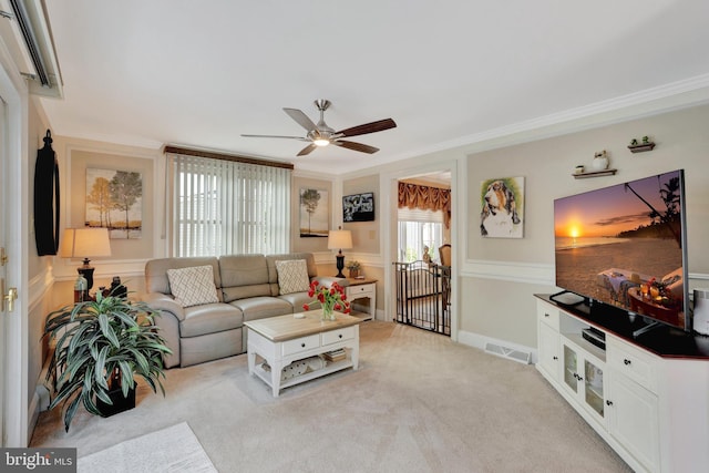 166 Grayson Ave, Hamilton, NJ 08619 - living area with a ceiling fan, crown molding, and light carpet