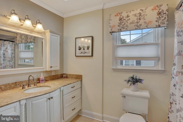 166 Grayson Ave, Hamilton, NJ 08619 - bathroom with vanity, healthy amount of natural light, ornamental molding, toilet, and baseboards