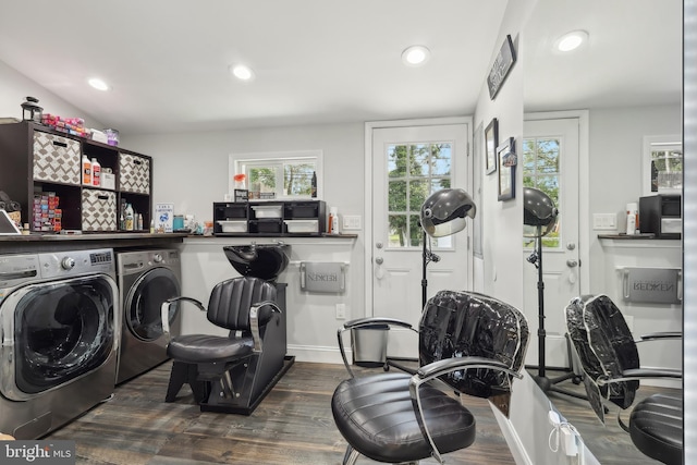 39 Village Ln, Levittown, PA 19054 - washroom featuring independent washer and dryer, dark wood-style flooring, recessed lighting, and baseboards