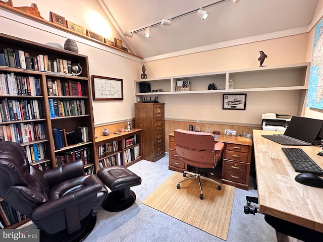 carpeted office with rail lighting, vaulted ceiling, and a wainscoted wall