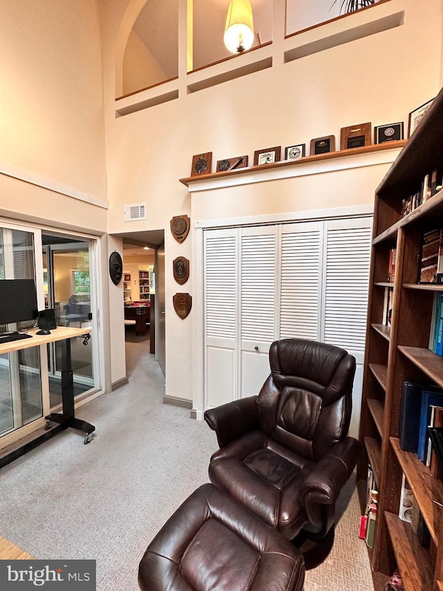sitting room with carpet floors, a high ceiling, and baseboards