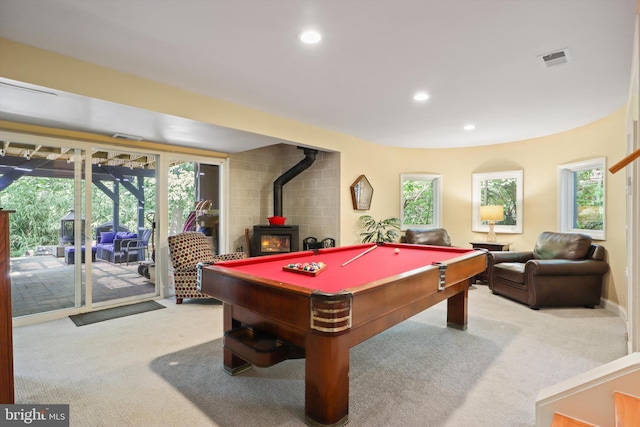 4416 Upland Dr, Alexandria, VA 22310 - game room with carpet floors, a wood stove, recessed lighting, and billiards