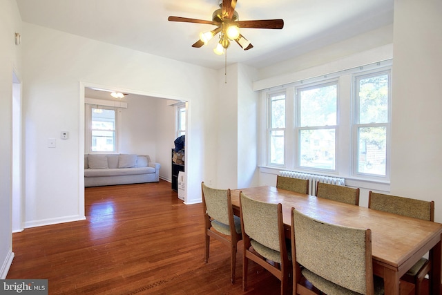 2530 18th St N, Arlington, VA 22201 - dining space featuring wood finished floors, baseboards, ceiling fan, and radiator