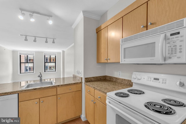 631 D St NW Unit 431, Washington, DC 20004 - kitchen featuring white appliances, a sink, ornamental molding, and track lighting