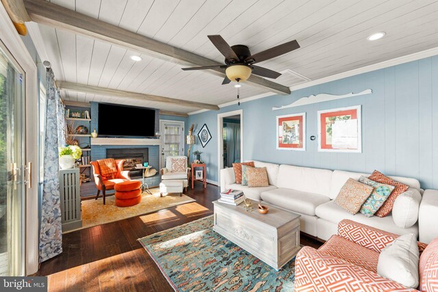 105 Bayview Ln, Hague, VA 22469 - living room featuring wood ceiling, wood-type flooring, recessed lighting, a ceiling fan, and a fireplace with raised hearth