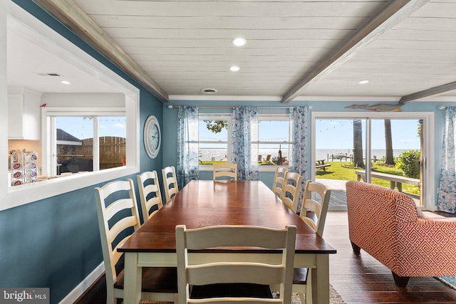 105 Bayview Ln, Hague, VA 22469 - dining room with dark wood-type flooring, recessed lighting, a water view, wooden ceiling with exposed beams, and baseboards
