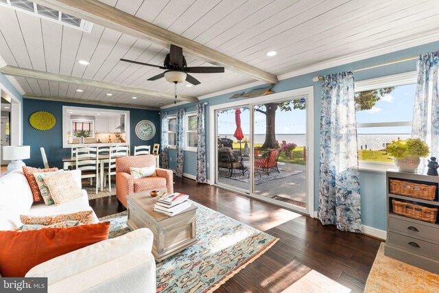 105 Bayview Ln, Hague, VA 22469 - living room featuring wooden ceiling with exposed beams, baseboards, wood finished floors, a ceiling fan, and recessed lighting