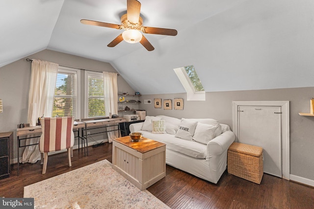 105 Bayview Ln, Hague, VA 22469 - living area with lofted ceiling, dark wood-type flooring, and ceiling fan