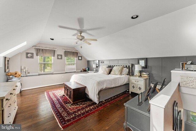 105 Bayview Ln, Hague, VA 22469 - bedroom with dark wood-style floors, lofted ceiling, and ceiling fan