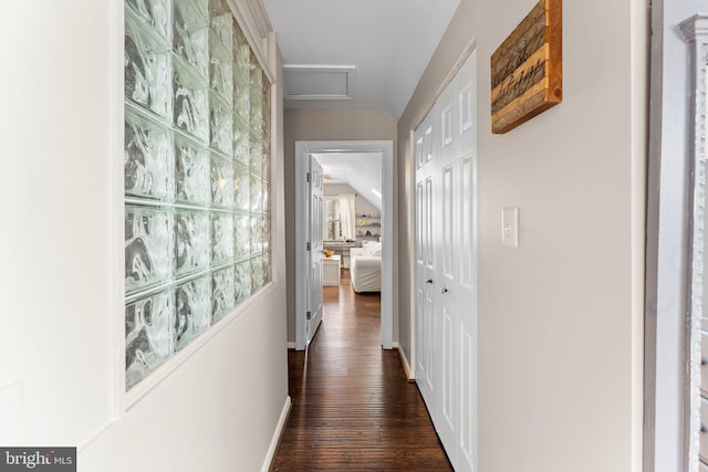 105 Bayview Ln, Hague, VA 22469 - hallway featuring attic access, dark wood-type flooring, and baseboards
