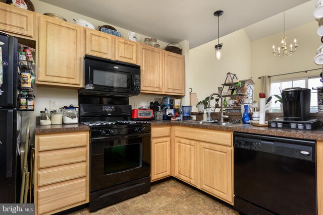 261 Osprey Ln, Hummelstown, PA 17036 - kitchen featuring black appliances, light brown cabinets, a sink, dark countertops, and tile patterned flooring