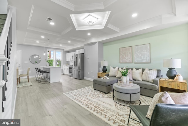 1505 N Pulaski St, Baltimore, MD 21217 - living area featuring coffered ceiling, light wood-style floors, crown molding, baseboards, and recessed lighting