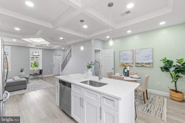 1505 N Pulaski St, Baltimore, MD 21217 - kitchen featuring a sink, stainless steel appliances, coffered ceiling, light wood-type flooring, and baseboards
