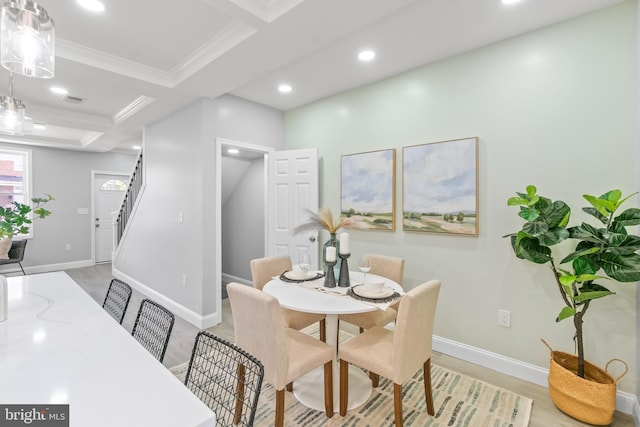 1505 N Pulaski St, Baltimore, MD 21217 - dining space with crown molding, recessed lighting, light wood finished floors, baseboards, and coffered ceiling