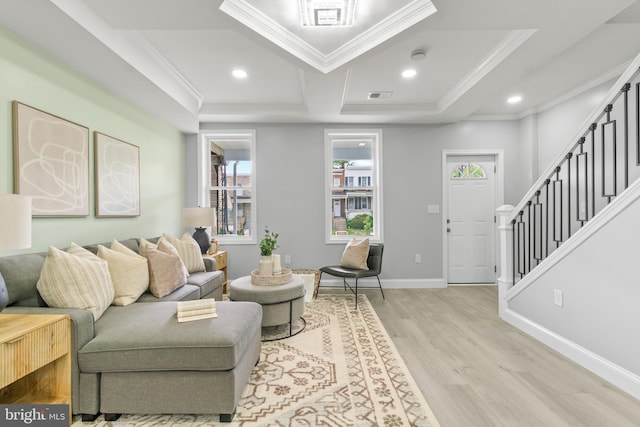 1505 N Pulaski St, Baltimore, MD 21217 - living room featuring light wood-style floors, crown molding, stairs, recessed lighting, and baseboards