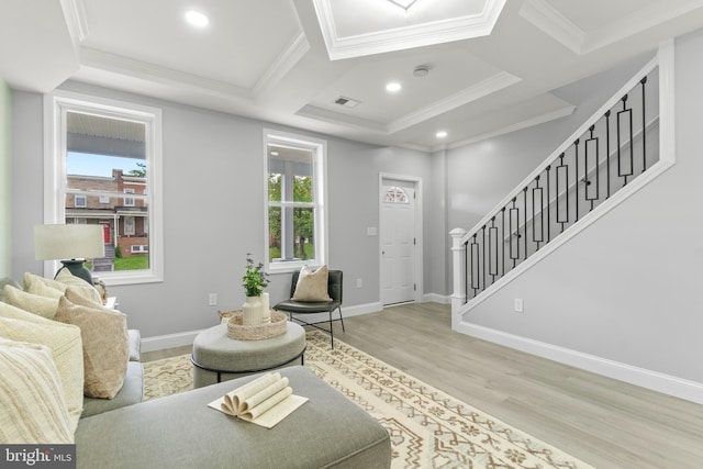 1505 N Pulaski St, Baltimore, MD 21217 - living room with plenty of natural light, wood finished floors, stairs, crown molding, and baseboards