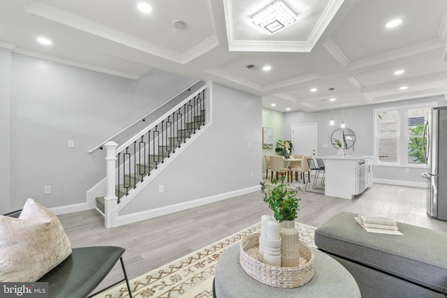 1505 N Pulaski St, Baltimore, MD 21217 - living room with stairs, light wood-style floors, coffered ceiling, baseboards, and ornamental molding