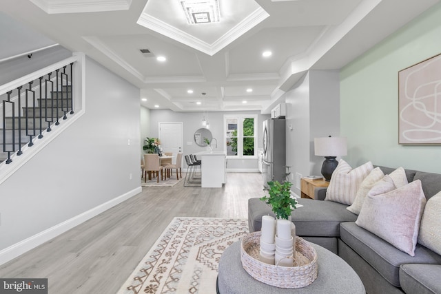 1505 N Pulaski St, Baltimore, MD 21217 - living area with coffered ceiling, light wood-style flooring, recessed lighting, ornamental molding, and stairway