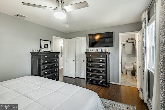 40 Hunters Run Rd, Honey Brook, PA 19344 - bedroom featuring dark wood finished floors, a closet, ensuite bathroom, and a ceiling fan