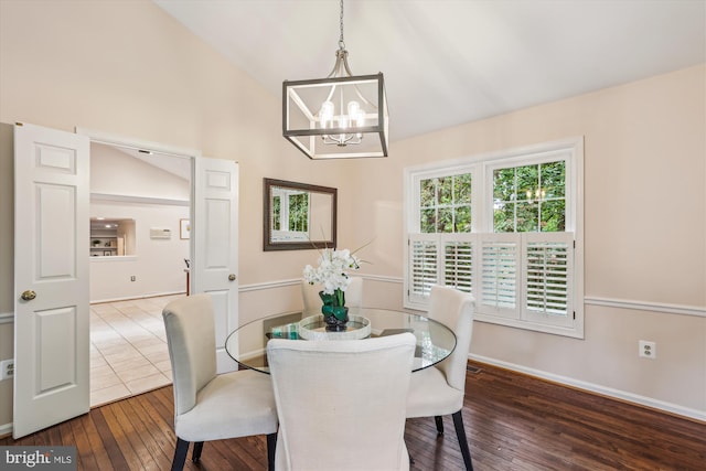 2032 Franklin Cluster Ct, Falls Church, VA 22043 - dining room with a chandelier, hardwood / wood-style floors, baseboards, and high vaulted ceiling